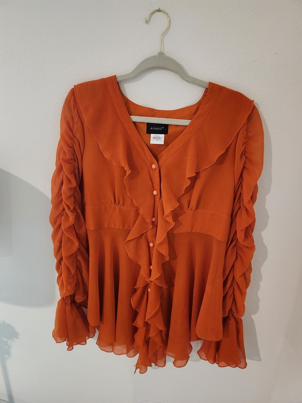 ASHRO Orange Tie-Front Ruffle Blouse - Picture 2 of 8